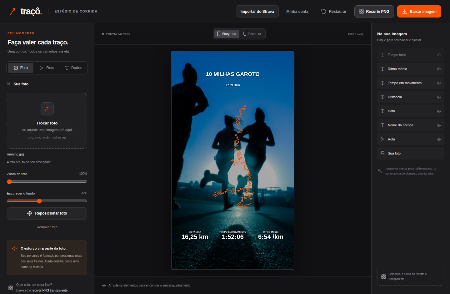 Captura do editor Traçô: controles de foto à esquerda, composição com fotografia e mosaico ao centro e camadas à direita